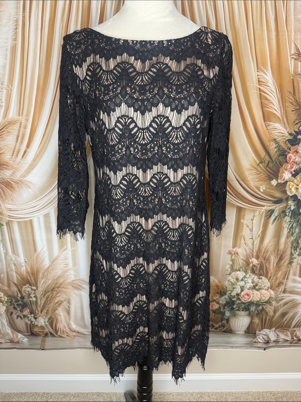 Jessica Howard Black Lace Long Sleeve Sheath Dress with Nude Underlay